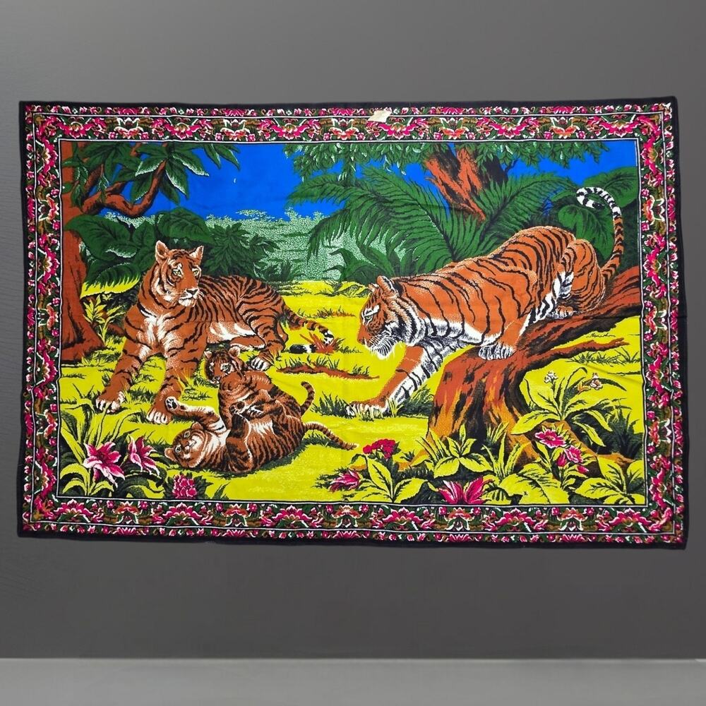 Vintage 100% Cotton Tiger Jungle Tapestry Retro Wall Hanging Art